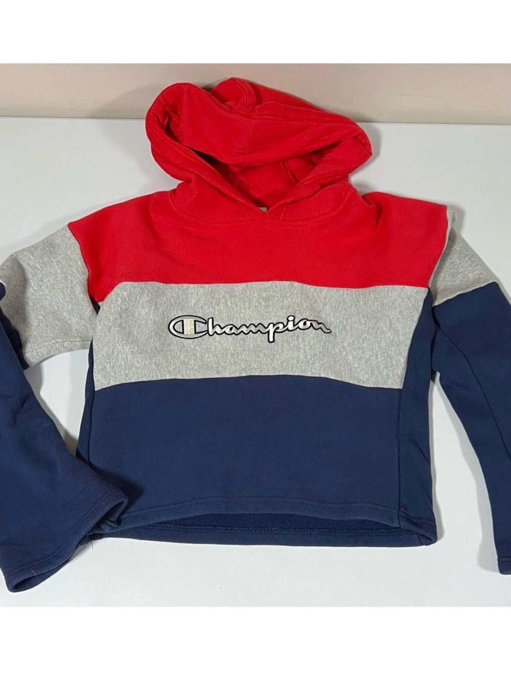 Champion Red Navy Blue Logo Graphic Pullover Sweater Sweatshirt Hoodie Size S ♥️